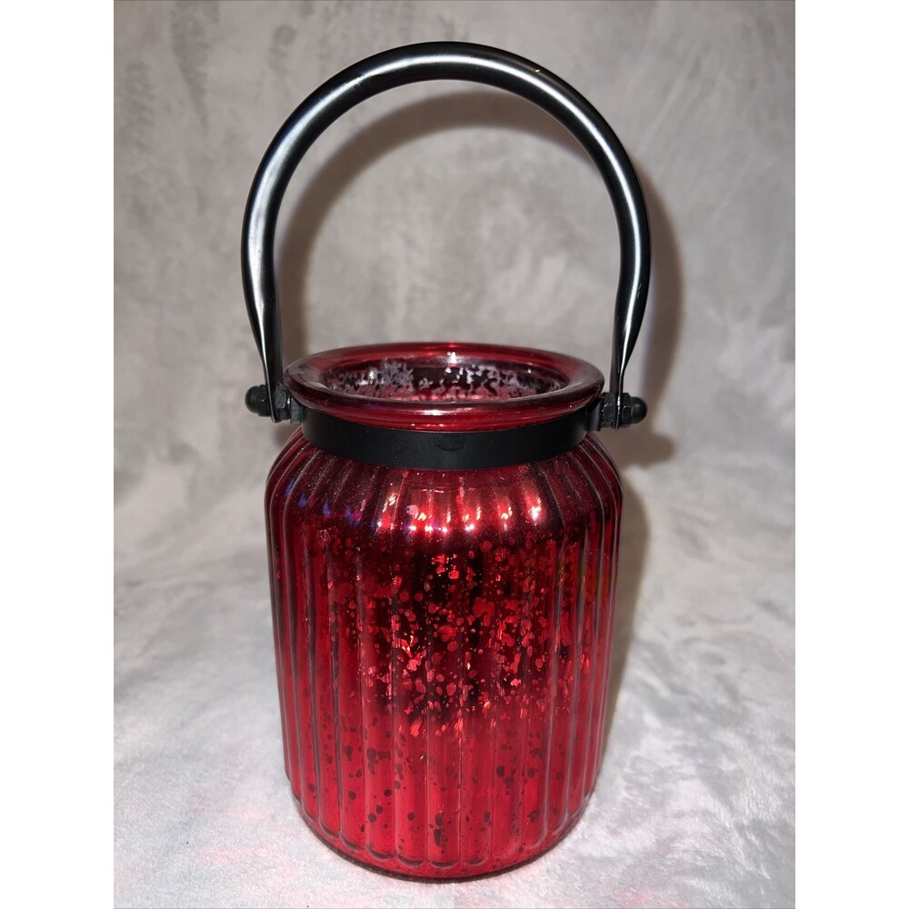 Red  Silver Mercury Glass Candle Holder Black Metal Handle Hurricane Metallic 6”